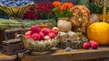 Pumpkins with fruits, bread, vegetables, grapes and flowerson rustic wooden table Royalty Free Stock Photo