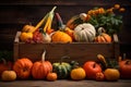 Pumpkins and gourds in a rustic wooden crate Royalty Free Stock Photo
