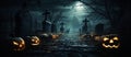 Pumpkins in the graveyard on a spooky foggy night - Halloween background. Generative AI illustration. panoramic image. Royalty Free Stock Photo
