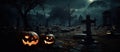 Pumpkins in the graveyard on a spooky foggy night - Halloween background. Generative AI illustration. panoramic image.