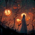 Pumpkins In Graveyard In The Spooky Night - Halloween Backdrop. Haunted House In Spooky Forest At Night With Pumpkins And Ghosts Royalty Free Stock Photo