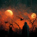 Pumpkins In Graveyard In The Spooky Night - Halloween Backdrop. Haunted House In Spooky Forest At Night With Pumpkins And Ghosts Royalty Free Stock Photo