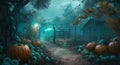 Pumpkins In Graveyard In The Spooky Night - Halloween Backdrop. AI Generated