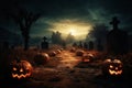 Pumpkins in the graveyard on a spooky night - Halloween background. Generative AI illustration. Royalty Free Stock Photo