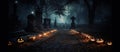 Pumpkins in the graveyard on a spooky night - Halloween background. Generative AI illustration. panoramic image.