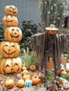 pumpkins by halloween column and a scarecrow