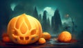 Pumpkins in the halloween mysterious forest