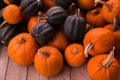 Pumpkins harvest on wood background. Autumn colors orange season for Halloween, Thanksgiving