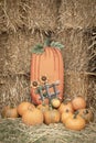 Pumpkins and hay bales and poster of pumpkin