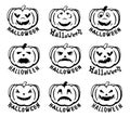 Pumpkins icons. Vector black Halloween pumpkin silhouette set isolated on white background. Set of emoticon pumpkins.