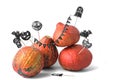 pumpkins isolated on a white background with the inscription happy Halloween, composition for the day of the dead with skulls and