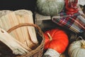 Pumpkins and a kerosene lamp. Firewood in a basket. Harvesting. Thanksgiving Day. Wallpaper