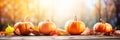 Pumpkins And Leaves On Rustic Wooden Table Top Against Autumn Background. Thanksgiving or Harvesting Concept. Royalty Free Stock Photo