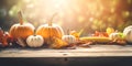 Pumpkins And Leaves On Rustic Wooden Table Top Against Autumn Background. Thanksgiving or Harvesting Concept. Royalty Free Stock Photo