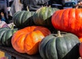 Pumpkins lie on the counter of the agricultural market. Pumpkin ordinary. Green and orange pumpkins.