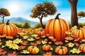 pumpkins lie on the ground under a tree against the backdrop of an autumn landscape, Royalty Free Stock Photo