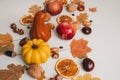 Pumpkins on a light background with red apples, dry leaves, chestnuts. Autumn composition, fall. Halloween background Royalty Free Stock Photo