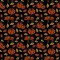 Pumpkins, mushrooms, leaves, spiders seamless autumn pattern on black backgroung for Halloween Royalty Free Stock Photo