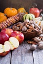 Pumpkins, nuts, indian corn and apples Royalty Free Stock Photo