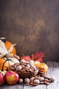 Pumpkins, nuts, indian corn and apples Royalty Free Stock Photo