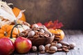 Pumpkins, nuts, indian corn and apples Royalty Free Stock Photo