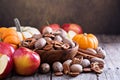 Pumpkins, nuts, indian corn and apples Royalty Free Stock Photo