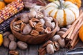 Pumpkins, nuts, indian corn and variety of squash Royalty Free Stock Photo