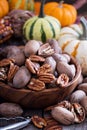 Pumpkins, nuts, indian corn and variety of squash Royalty Free Stock Photo