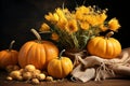 Pumpkins and orange flowers, autumn composition on sackcloth background. Generative AI