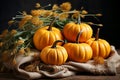 Pumpkins and orange flowers, autumn composition on sackcloth background. Generative AI