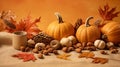 Pumpkins, pine cone, almonds and maple leaves, fall harvest on orange background, Thanksgiving and Halloween autumn background