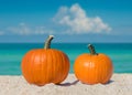 Pumpkins. Pumpkin on the beach. Autumn season composition. Two pumpkins on sea sand. Beach shore. Royalty Free Stock Photo