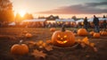 pumpkins on a pumpkin patch farm autumn fall festival with lights and people. ai generated Royalty Free Stock Photo