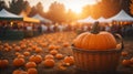 pumpkins on a pumpkin patch farm autumn fall festival with lights and people. ai generated Royalty Free Stock Photo