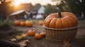 pumpkins on a pumpkin patch farm autumn fall festival with lights and people. ai generated Royalty Free Stock Photo