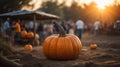 pumpkins on a pumpkin patch farm autumn fall festival with lights and people. ai generated Royalty Free Stock Photo