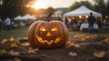 pumpkins on a pumpkin patch farm autumn fall festival with lights and people. ai generated Royalty Free Stock Photo