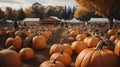 pumpkins on a pumpkin patch farm autumn fall festival with lights and people. ai generated Royalty Free Stock Photo