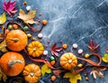 Halloween autumn flat lay background on dark marble surface copy space