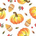 Pumpkins, muffins and ashberry seamless pattern