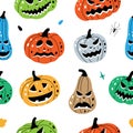 Pumpkins scary faces pattern. Autumn pumpkins faces seamless background. Autumn halloween vegetables banner. Vector