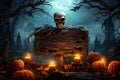 Pumpkins, skeleton in graveyard on a spooky Halloween night card Royalty Free Stock Photo