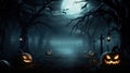 Pumpkins in Spooky Moonlit Forest Halloween Night celebration background