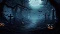 Pumpkins in Spooky Moonlit Forest Halloween Night celebration background