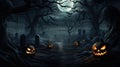 Pumpkins in Spooky Moonlit Forest Halloween Night celebration background