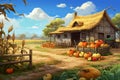 Pumpkins, squashes at rustic wooden barn in village. Harvest in countryside concept.Thanksgiving. Flat stylish illustration