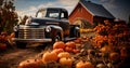 Harvest pumpkins surround a vintage truck in a fall barn country setting - generative AI