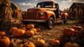 Pumpkins surround a vintage truck in a fall barn country setting - generative AI