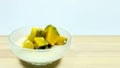 Pumpkins in sweet coconut milk on wooden board,Thai dessert