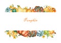 Pumpkins. Template with decorative pumpkins watercolor painting on white background.